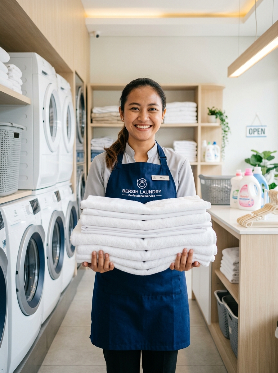 Layanan laundry profesional Arga Laundry dengan pakaian bersih terlipat rapi