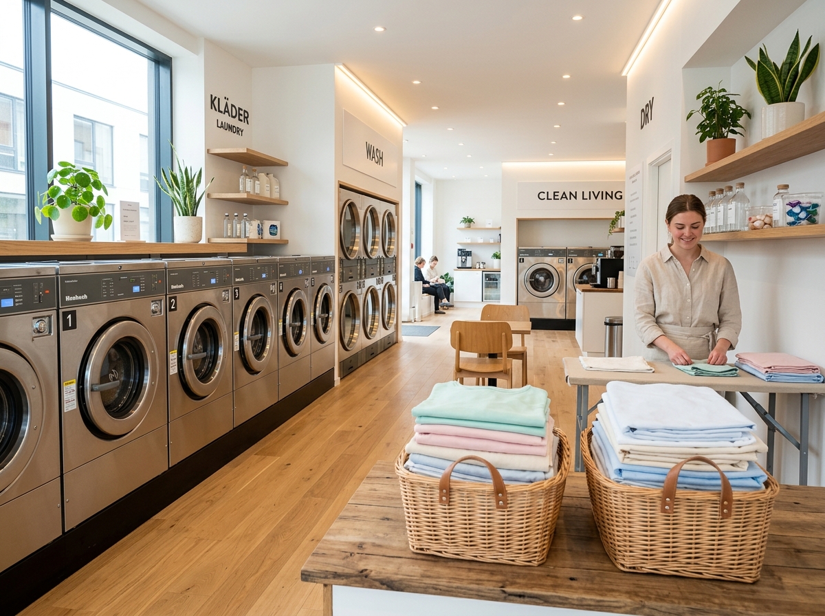 Outlet Arga Laundry modern dengan mesin cuci higienis dan pakaian rapi